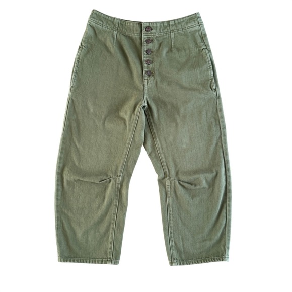 We The Free Pants - We The Free People Barrel Leg Utility Pants Green Button Fly Cotton Size 30